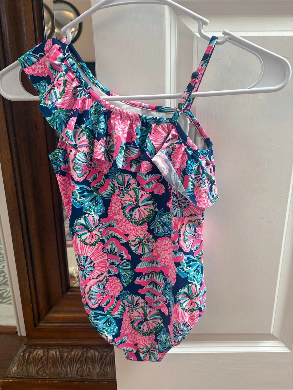 Lilly Pulitzer Girls One-Shoulder Ruffle Swimsuit in Navy, Pink & Teal